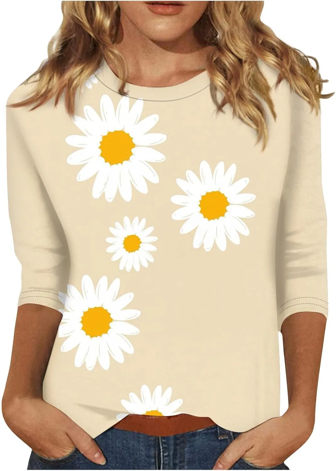 Womens 3/4 Length Sleeve Summer Shirts Floral Boho Blouses Tshirts Trendy Dressy Casual Tops Vacation 2024 Clothing