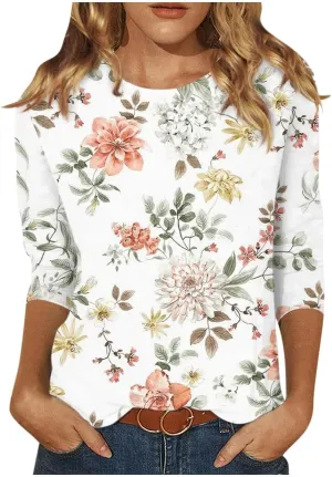 Womens 3/4 Length Sleeve Summer Shirts Floral Boho Blouses Tshirts Trendy Dressy Casual Tops Vacation 2024 Clothing