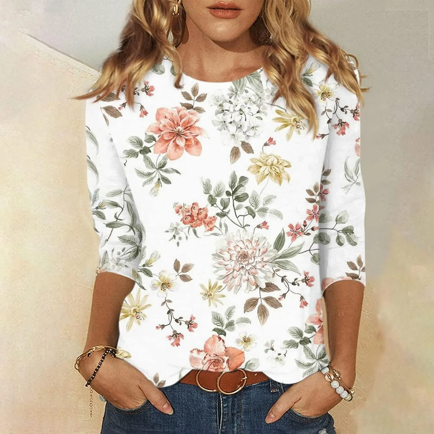 Womens 3/4 Length Sleeve Summer Shirts Floral Boho Blouses Tshirts Trendy Dressy Casual Tops Vacation 2024 Clothing