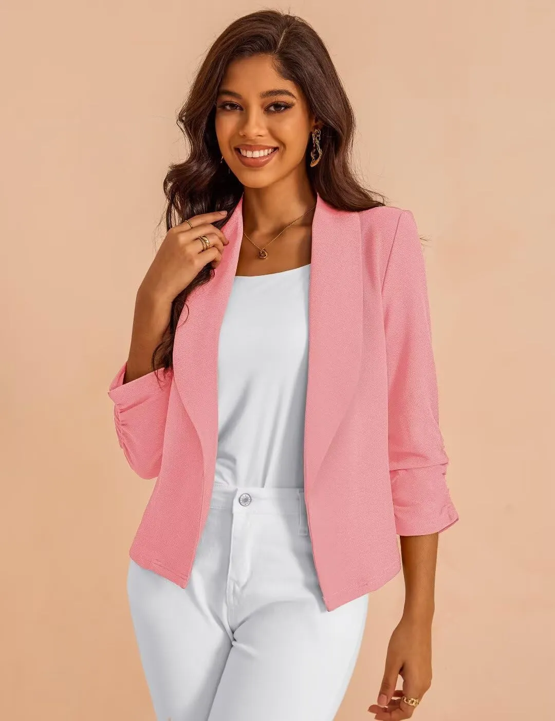 Women's 3/4 Sleeve Cropped Blazer Lightweight Open Front Cardigan Jacket for Business Causal S-XL