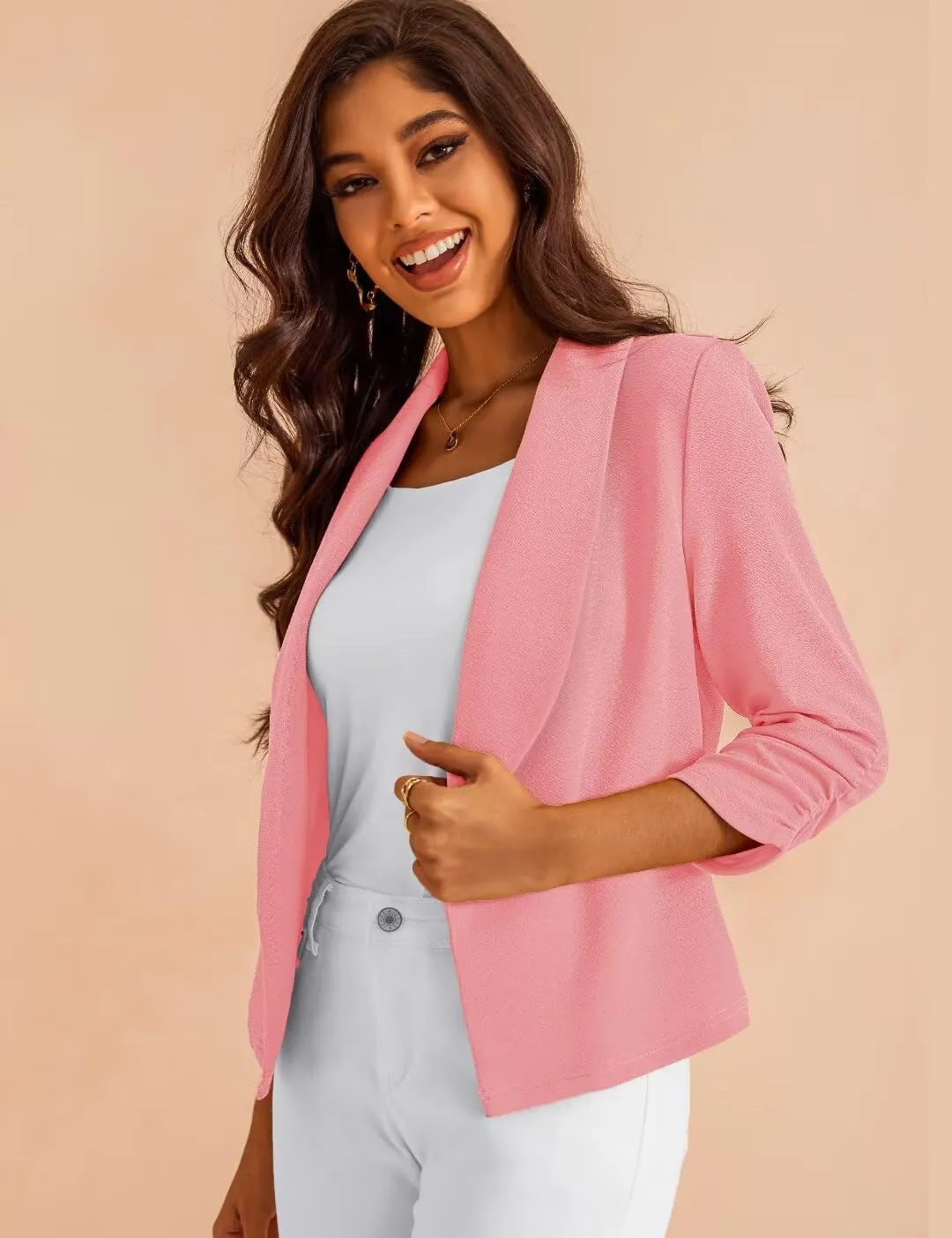Women's 3/4 Sleeve Cropped Blazer Lightweight Open Front Cardigan Jacket for Business Causal S-XL