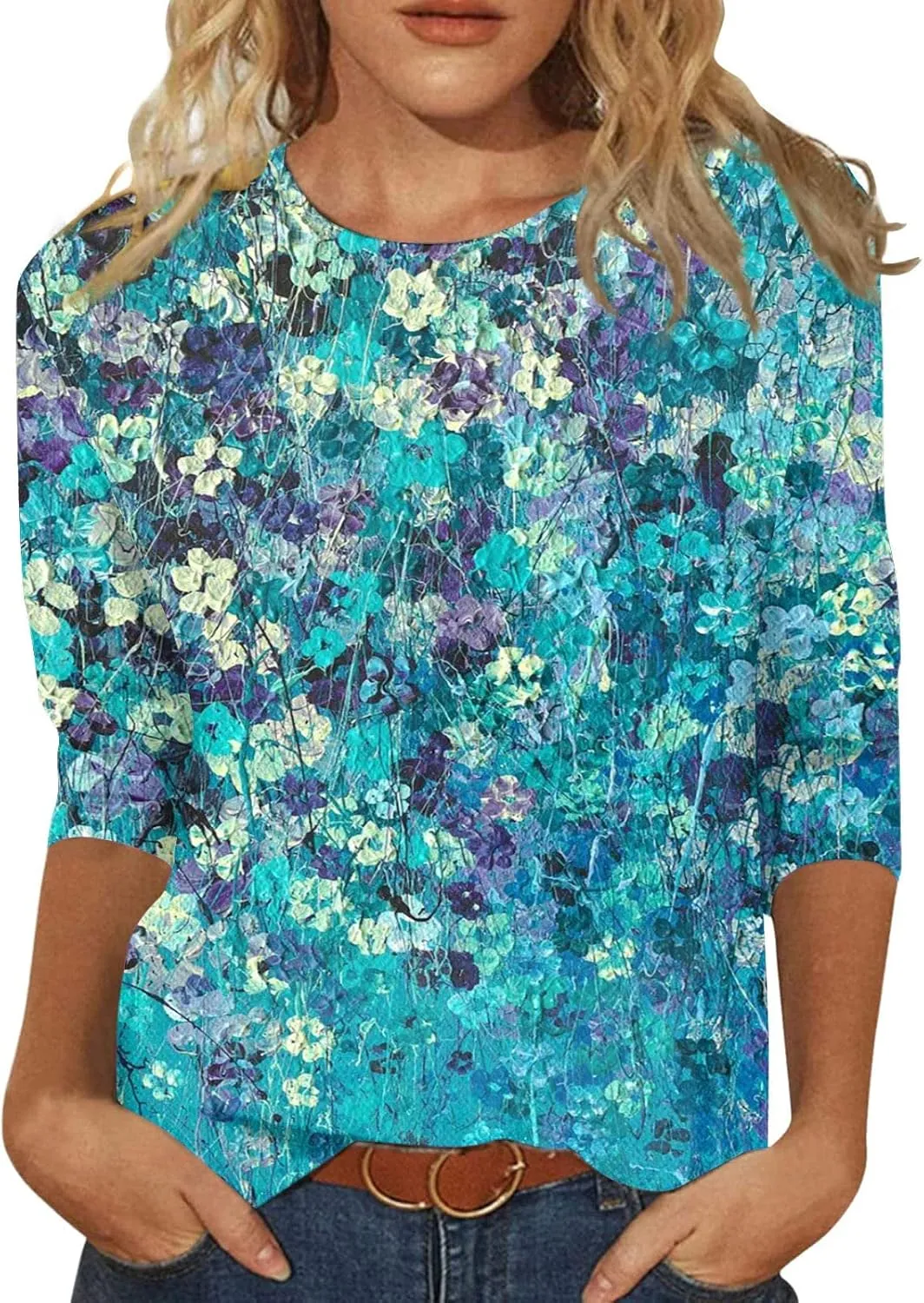 Womens 3/4 Sleeve Tops 2025 Spring Print Round Neck Shirts Loose Fit Three Quarter Sleeve Tshirts