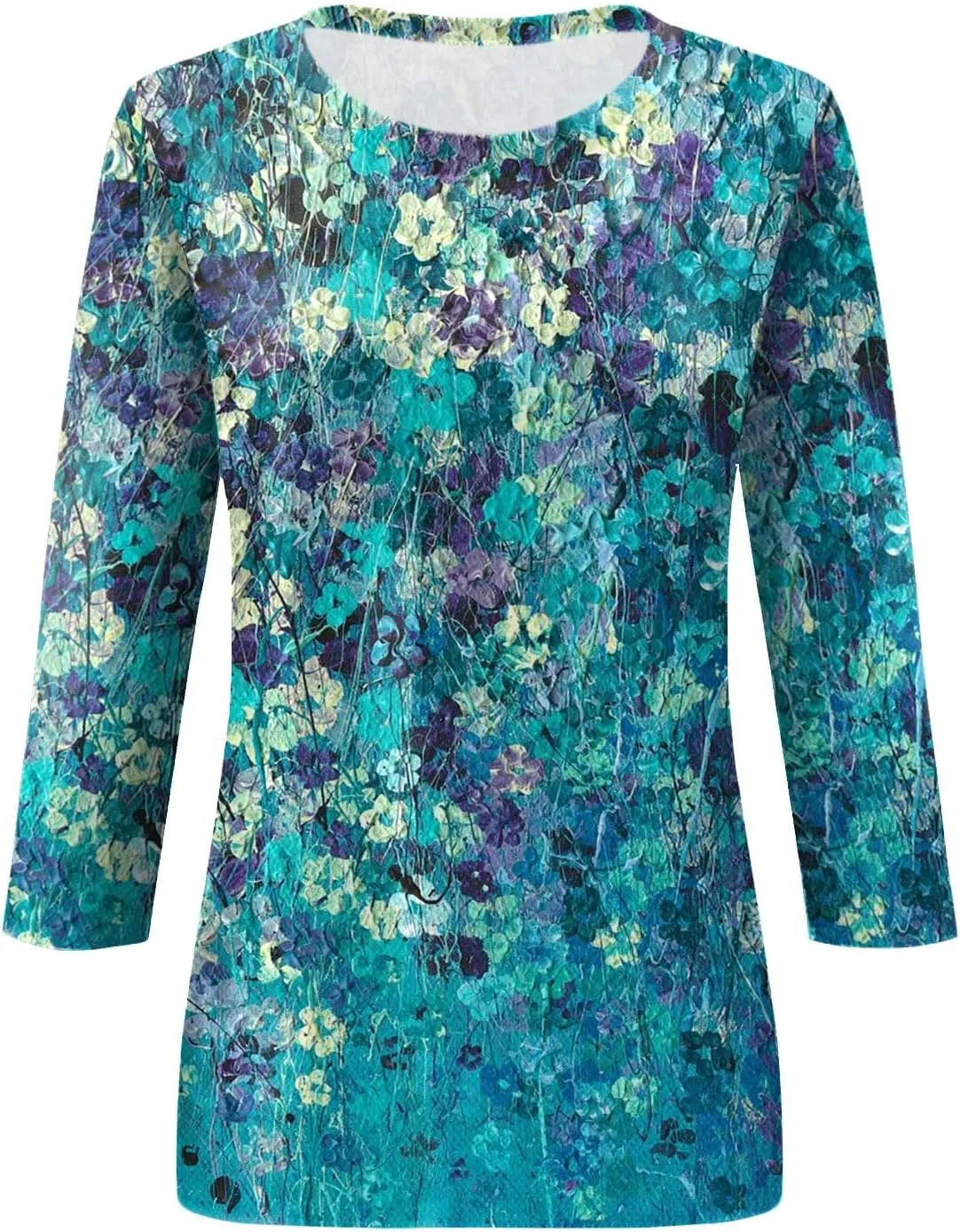 Womens 3/4 Sleeve Tops 2025 Spring Print Round Neck Shirts Loose Fit Three Quarter Sleeve Tshirts