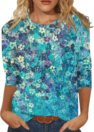 Womens 3/4 Sleeve Tops 2025 Spring Print Round Neck Shirts Loose Fit Three Quarter Sleeve Tshirts