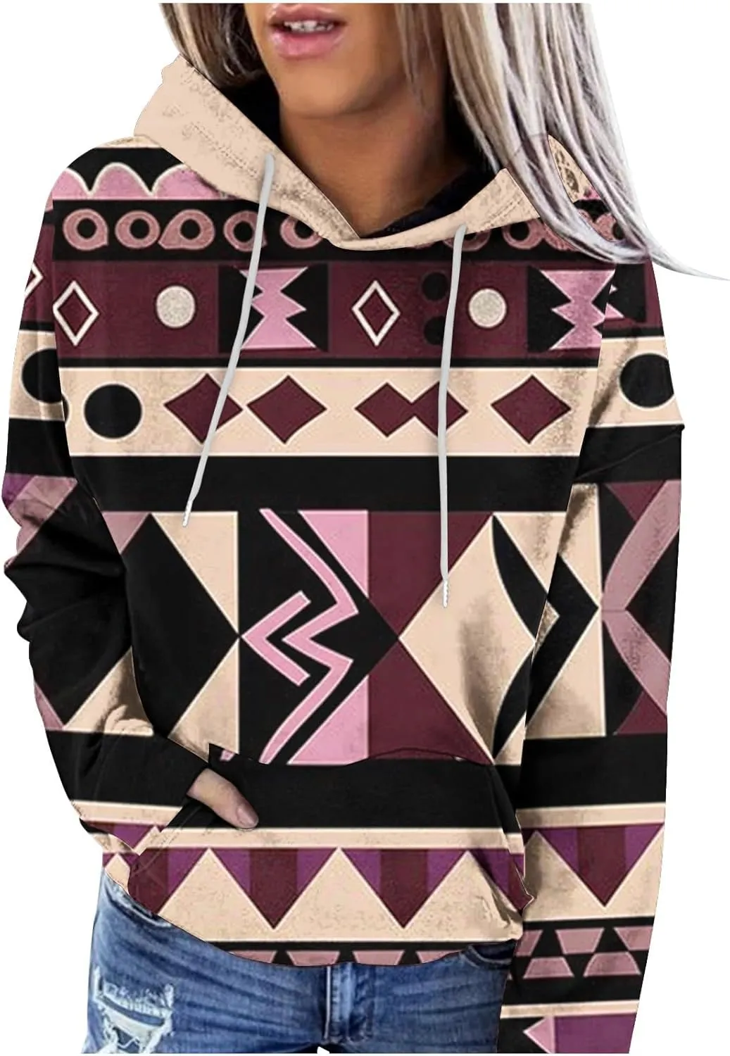Women's Aztec Ethnic Style Hoodies Sweatshirts Casual Western Print Tops Long Sleeve Pocket Hooded Sweatshirt