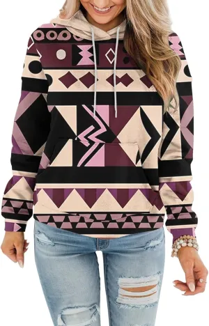 Women's Aztec Ethnic Style Hoodies Sweatshirts Casual Western Print Tops Long Sleeve Pocket Hooded Sweatshirt