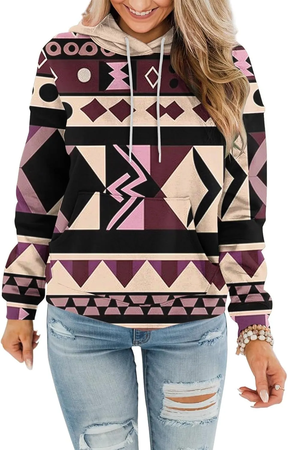 Women's Aztec Ethnic Style Hoodies Sweatshirts Casual Western Print Tops Long Sleeve Pocket Hooded Sweatshirt