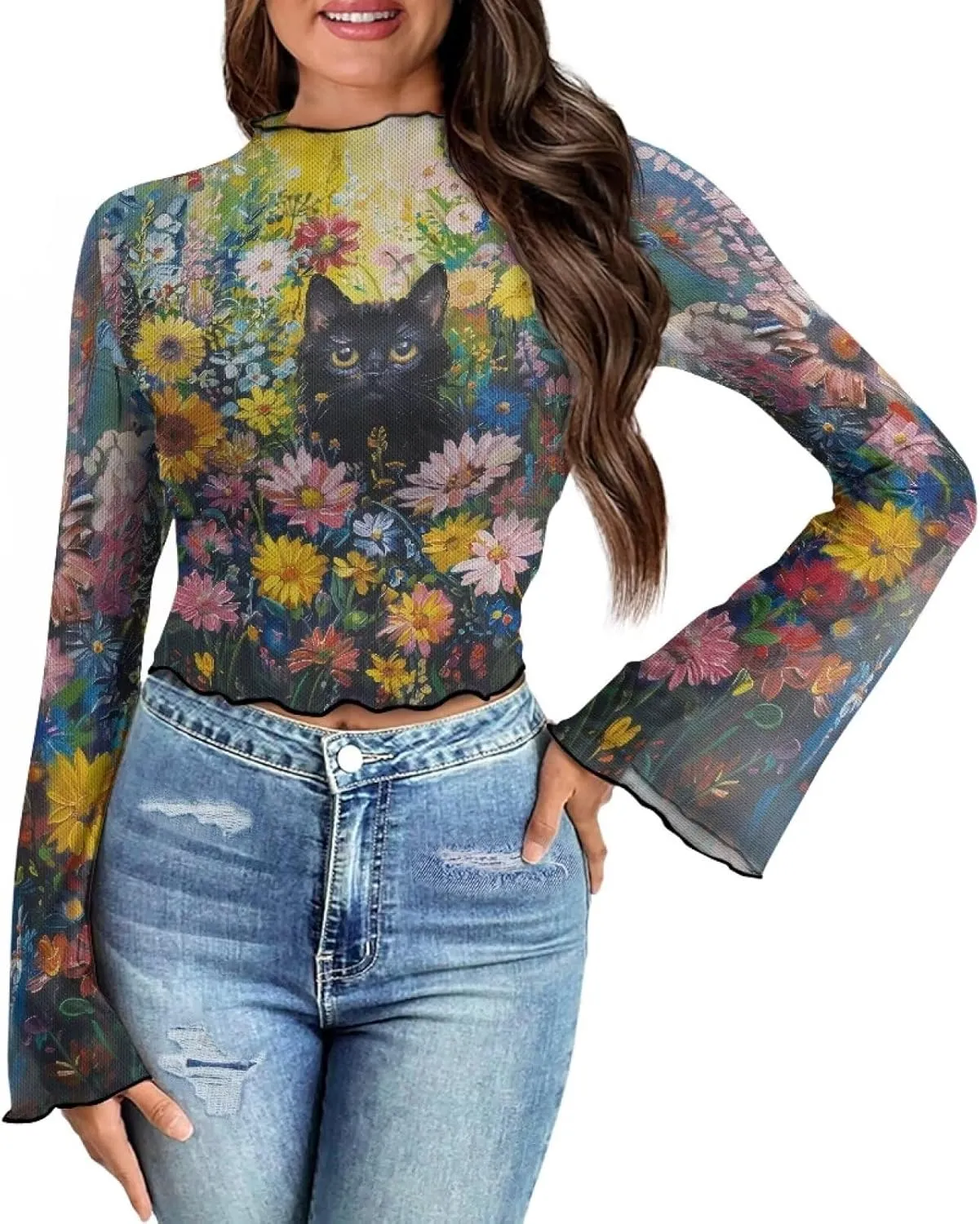 Women's Bell Sleeve Tops 70's Disco Mesh Tops Plus Size Sexy Crop Tops