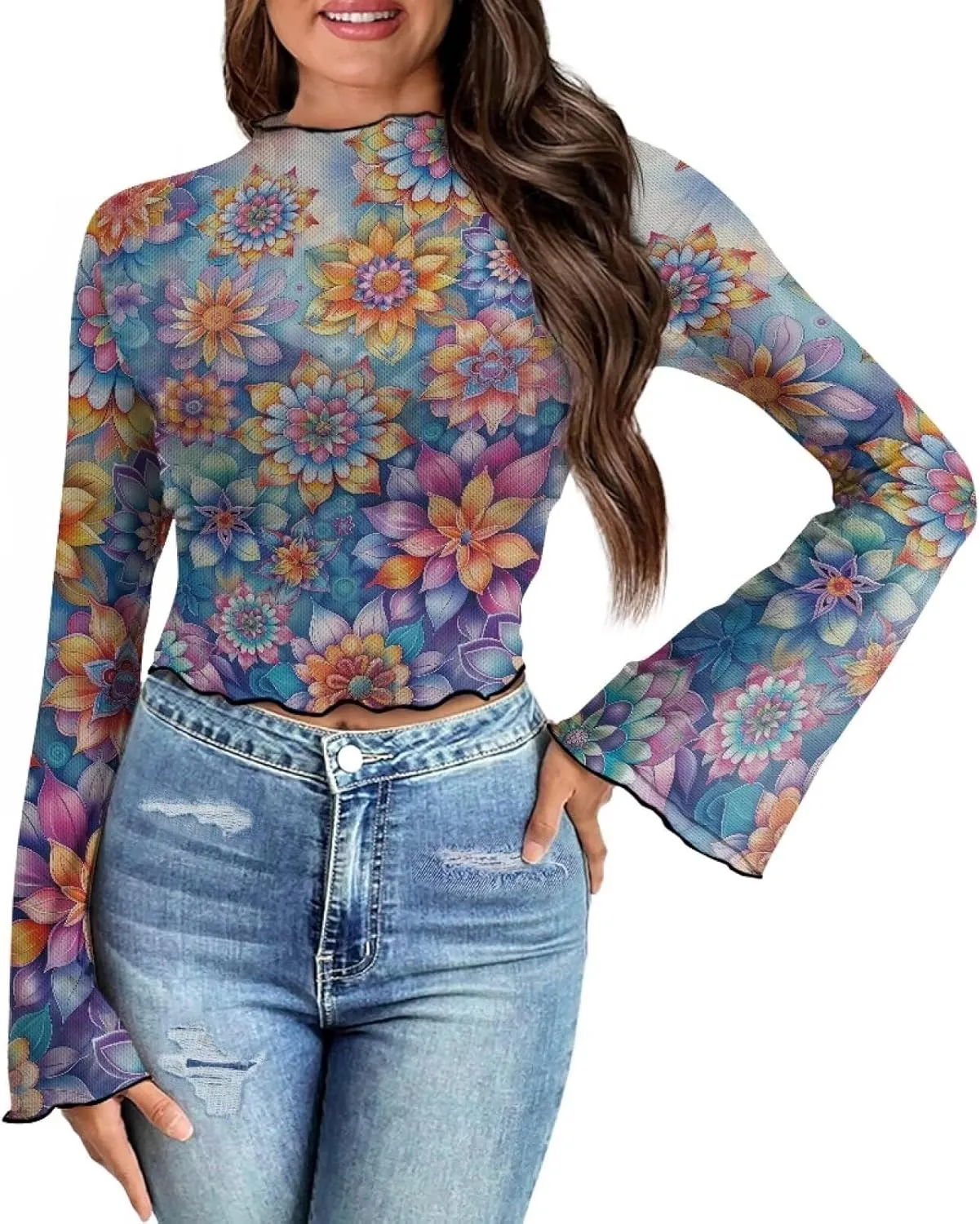 Women's Bell Sleeve Tops 70's Disco Mesh Tops Plus Size Sexy Crop Tops