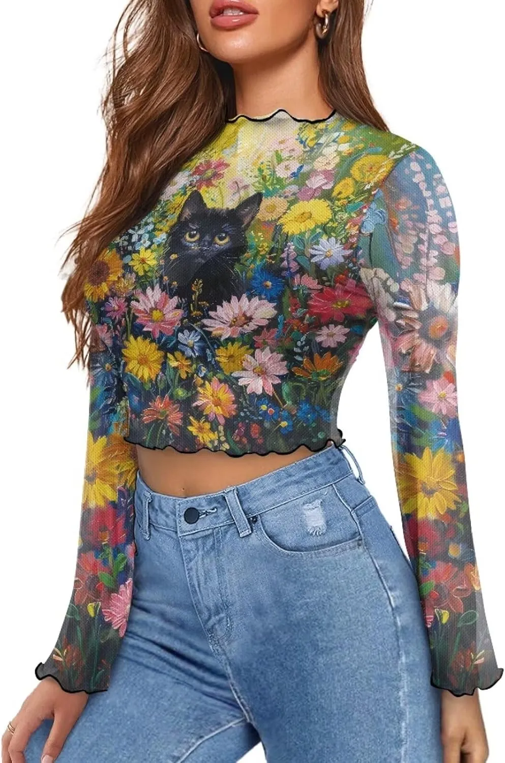 Women's Bell Sleeve Tops 70's Disco Mesh Tops Plus Size Sexy Crop Tops