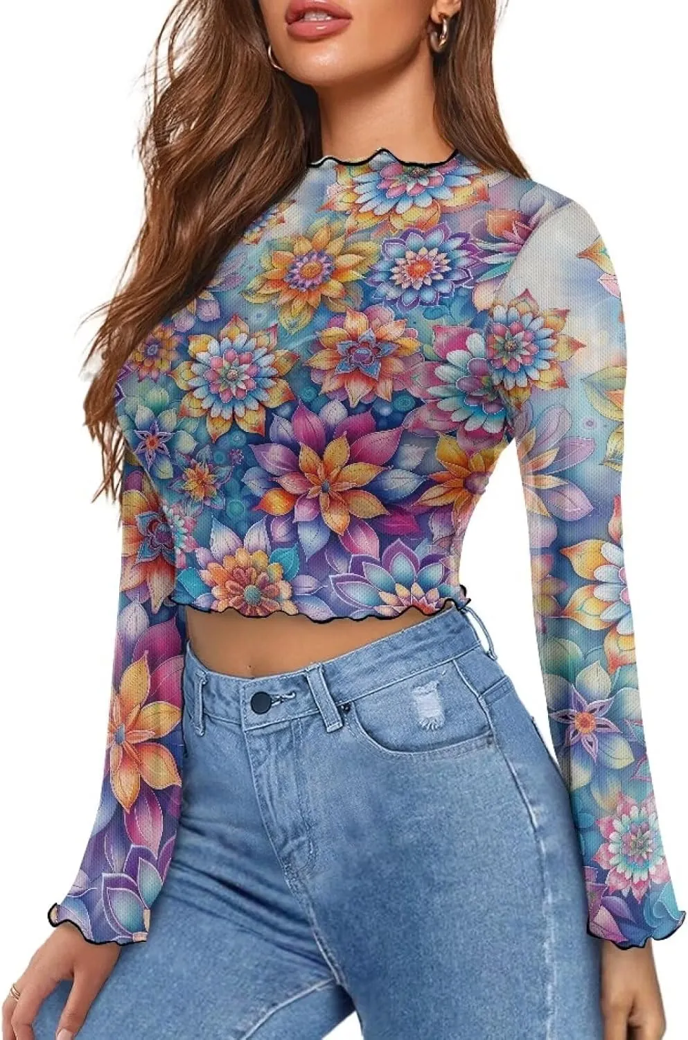 Women's Bell Sleeve Tops 70's Disco Mesh Tops Plus Size Sexy Crop Tops