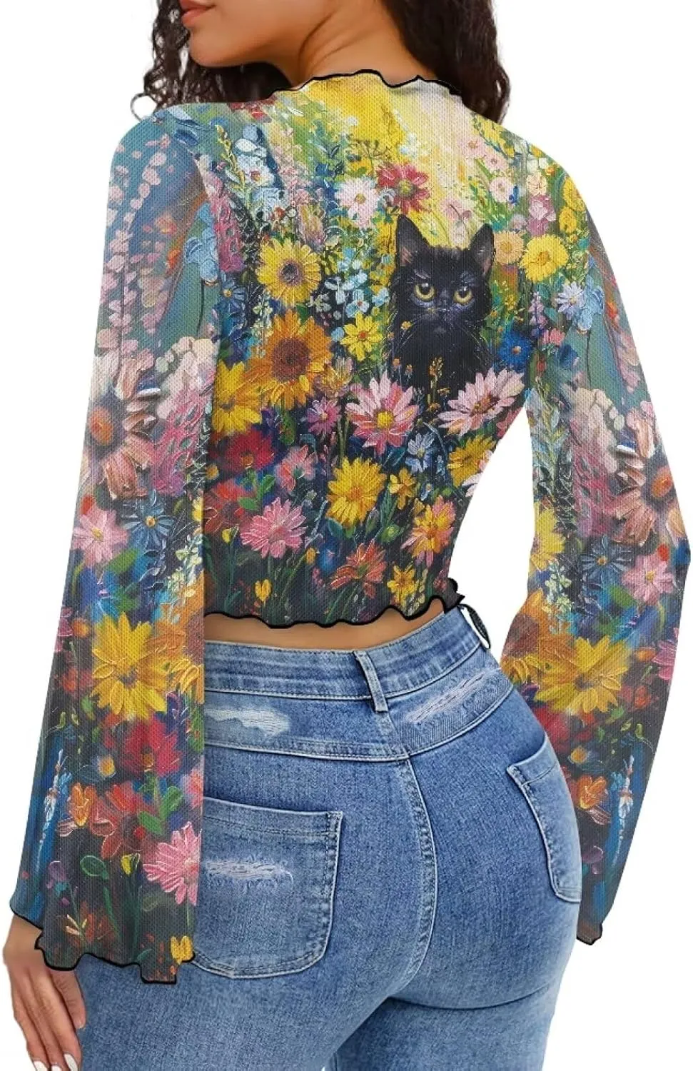 Women's Bell Sleeve Tops 70's Disco Mesh Tops Plus Size Sexy Crop Tops
