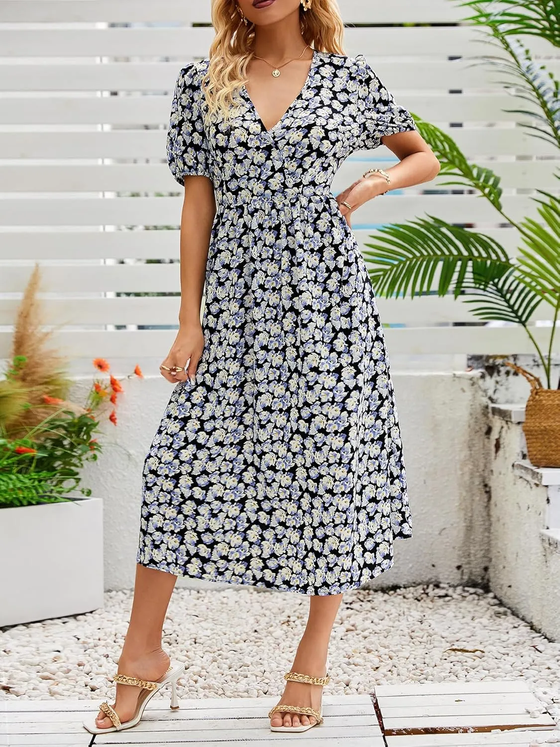 Women's Blue Floral Print Cross V-Neck Maxi Dress, Casual Summer Beach Vacation Dress, Elegant Cocktail Dress for Women