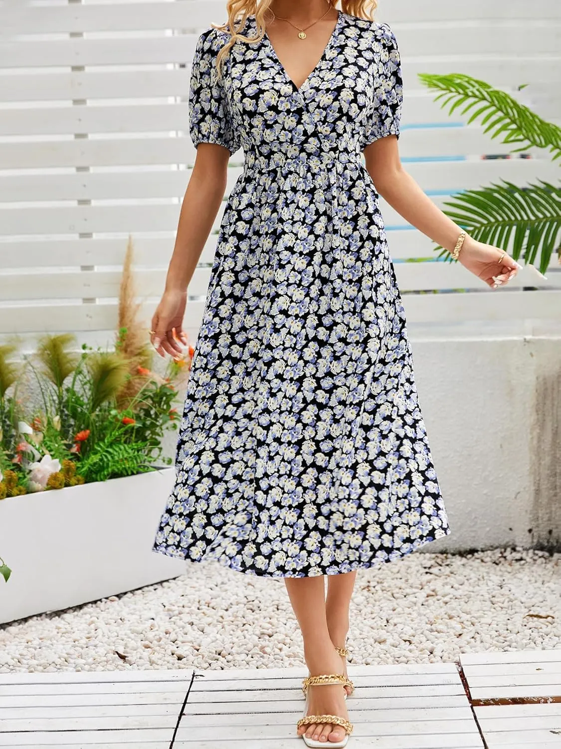 Women's Blue Floral Print Cross V-Neck Maxi Dress, Casual Summer Beach Vacation Dress, Elegant Cocktail Dress for Women