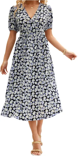 Women's Blue Floral Print Cross V-Neck Maxi Dress, Casual Summer Beach Vacation Dress, Elegant Cocktail Dress for Women
