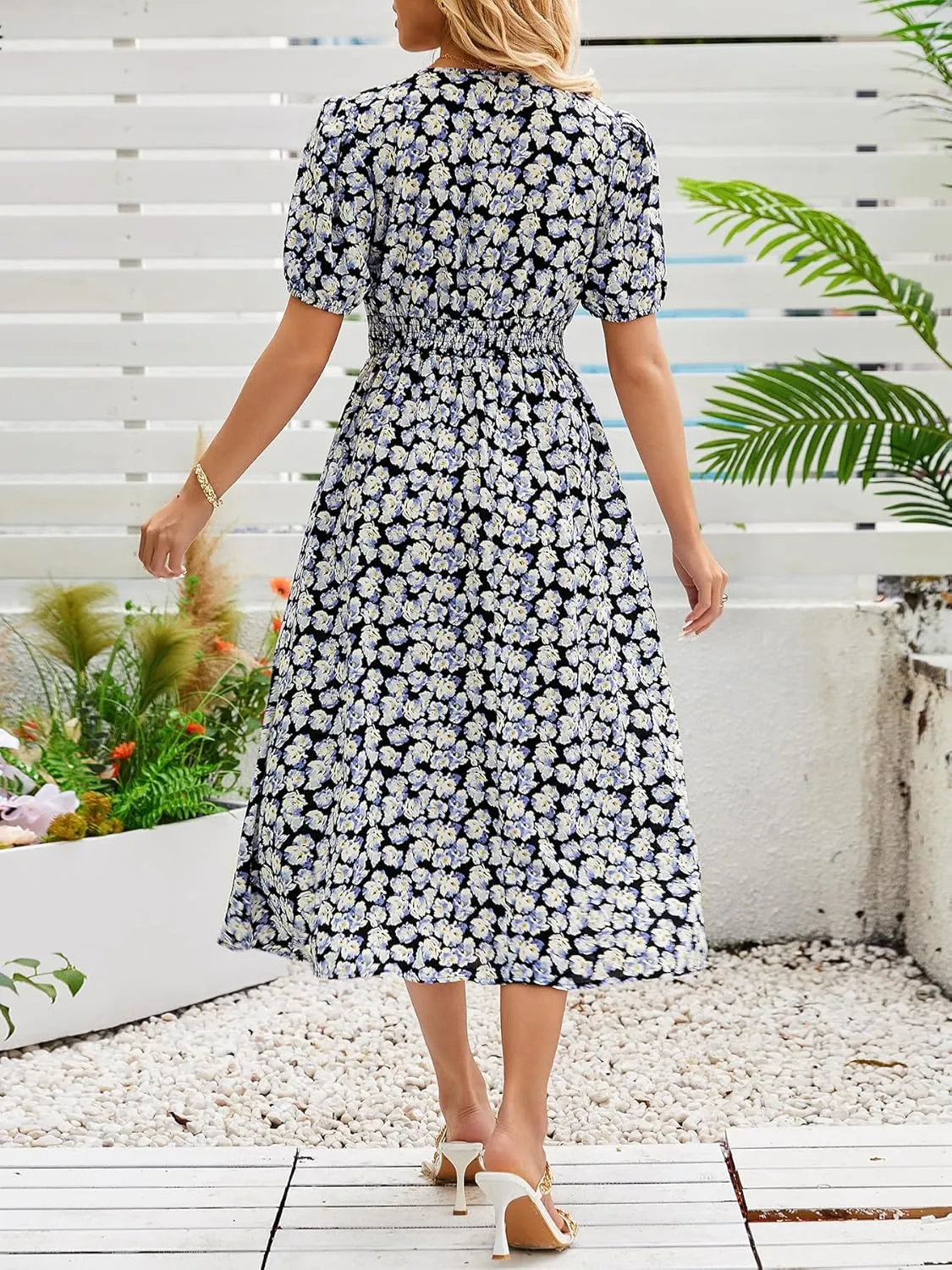 Women's Blue Floral Print Cross V-Neck Maxi Dress, Casual Summer Beach Vacation Dress, Elegant Cocktail Dress for Women