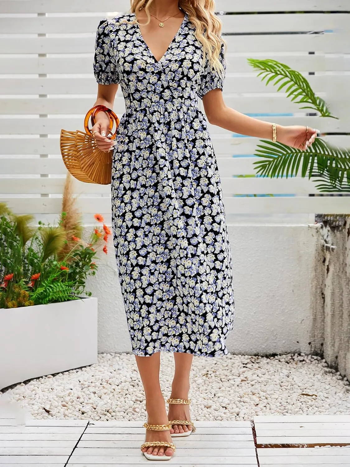 Women's Blue Floral Print Cross V-Neck Maxi Dress, Casual Summer Beach Vacation Dress, Elegant Cocktail Dress for Women