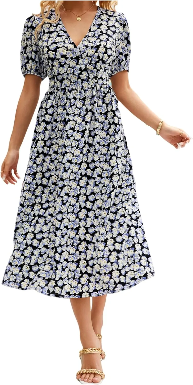 Women's Blue Floral Print Cross V-Neck Maxi Dress, Casual Summer Beach Vacation Dress, Elegant Cocktail Dress for Women