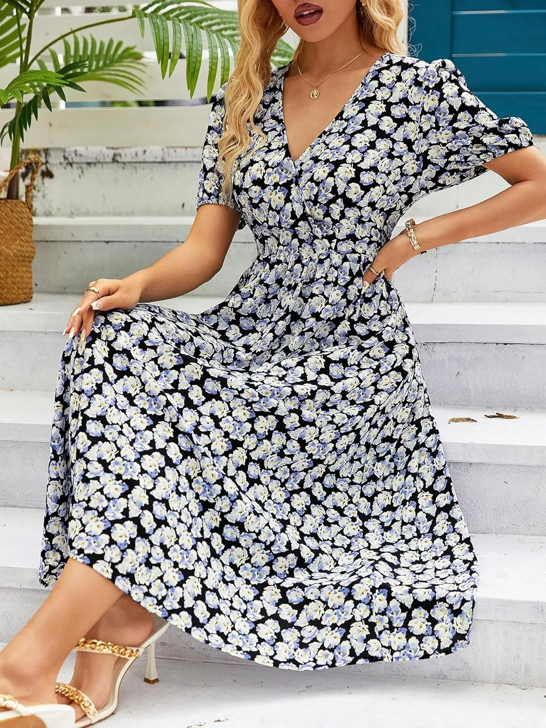 Women's Blue Floral Print Cross V-Neck Maxi Dress, Casual Summer Beach Vacation Dress, Elegant Cocktail Dress for Women