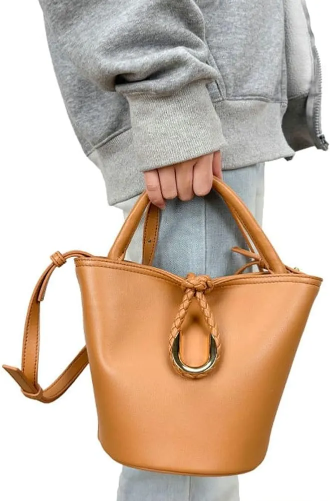 Women's Bucket Bag Retro Shoulder Bag Top Handle Handbags PU Leather Small Bucket Crossbody Bags Trendy Bucket Purse