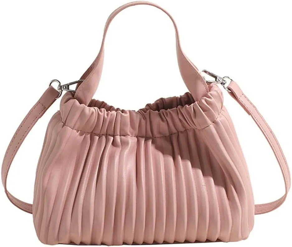 Women's Bucket Crossbody Shoulder Bag Small Handbag PU Leather Satchel Purses Cute Pleated Clutch Bag