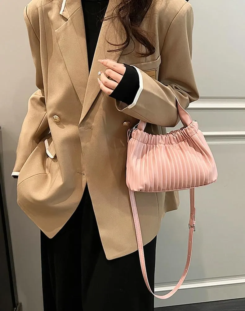 Women's Bucket Crossbody Shoulder Bag Small Handbag PU Leather Satchel Purses Cute Pleated Clutch Bag