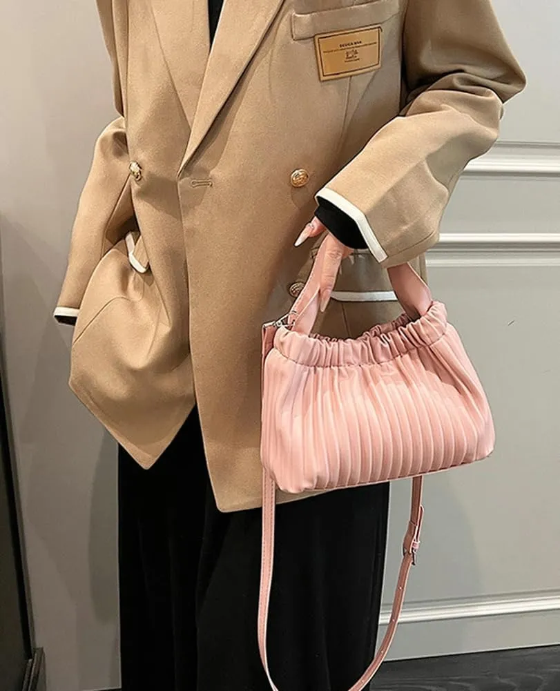 Women's Bucket Crossbody Shoulder Bag Small Handbag PU Leather Satchel Purses Cute Pleated Clutch Bag