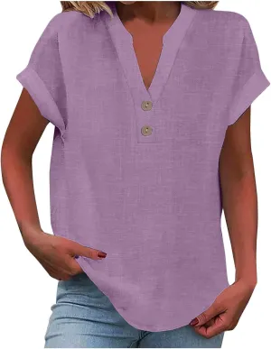 Womens Button Down Shirts Cotton Linen Short Sleeve V-Neck Shirts Solid Color Casual Loose Fit Work Blouse Tops