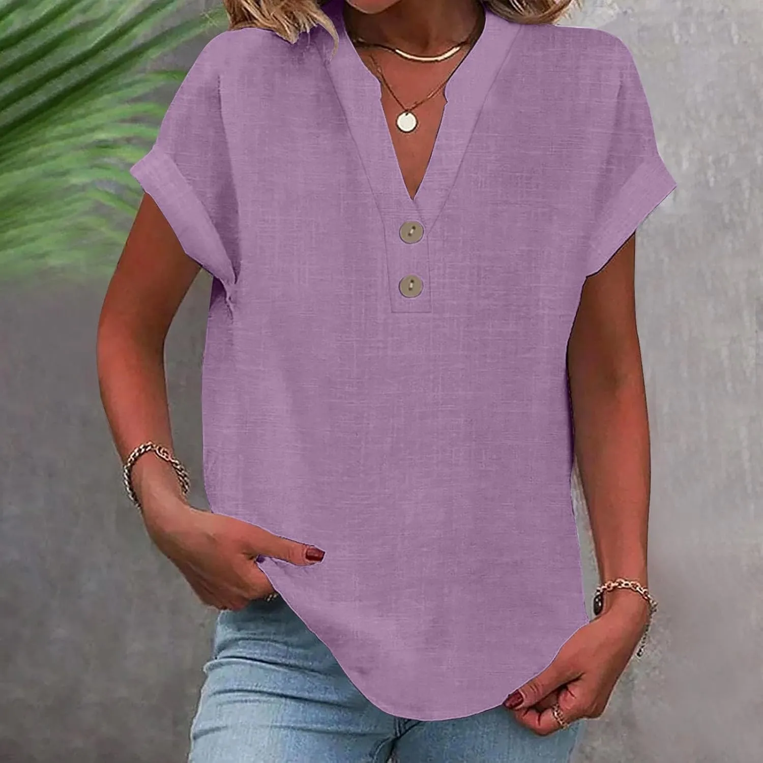 Womens Button Down Shirts Cotton Linen Short Sleeve V-Neck Shirts Solid Color Casual Loose Fit Work Blouse Tops