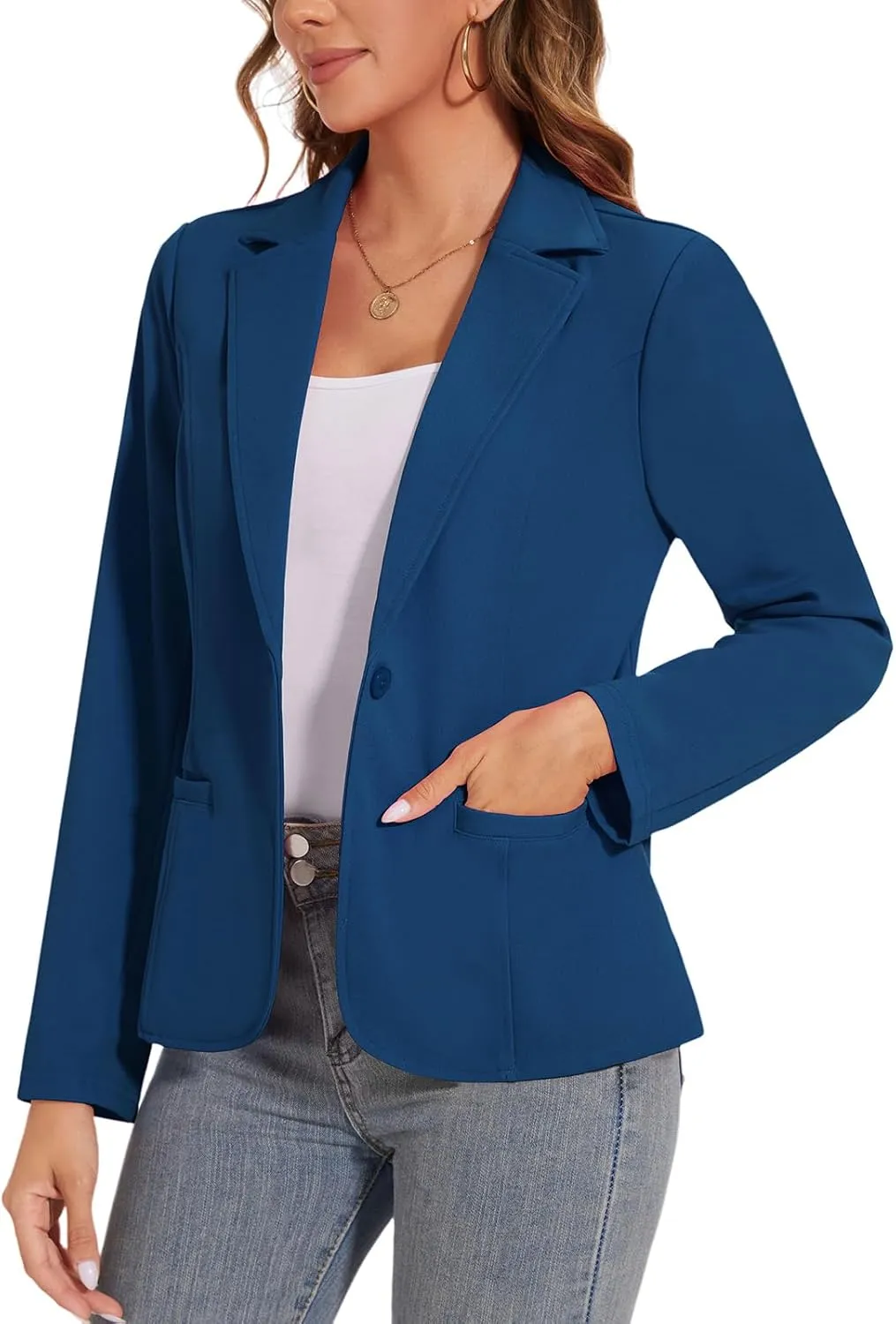 Women's Button Front Blazer Jackets Long Sleeve Lapel Business Casual Office Work Lightweight Blazers with Pocket