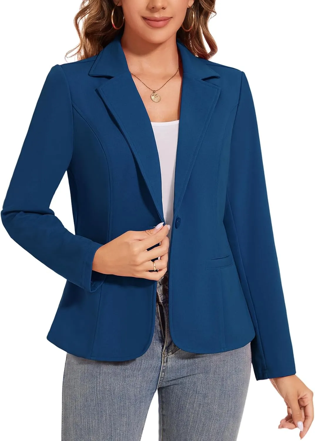 Women's Button Front Blazer Jackets Long Sleeve Lapel Business Casual Office Work Lightweight Blazers with Pocket