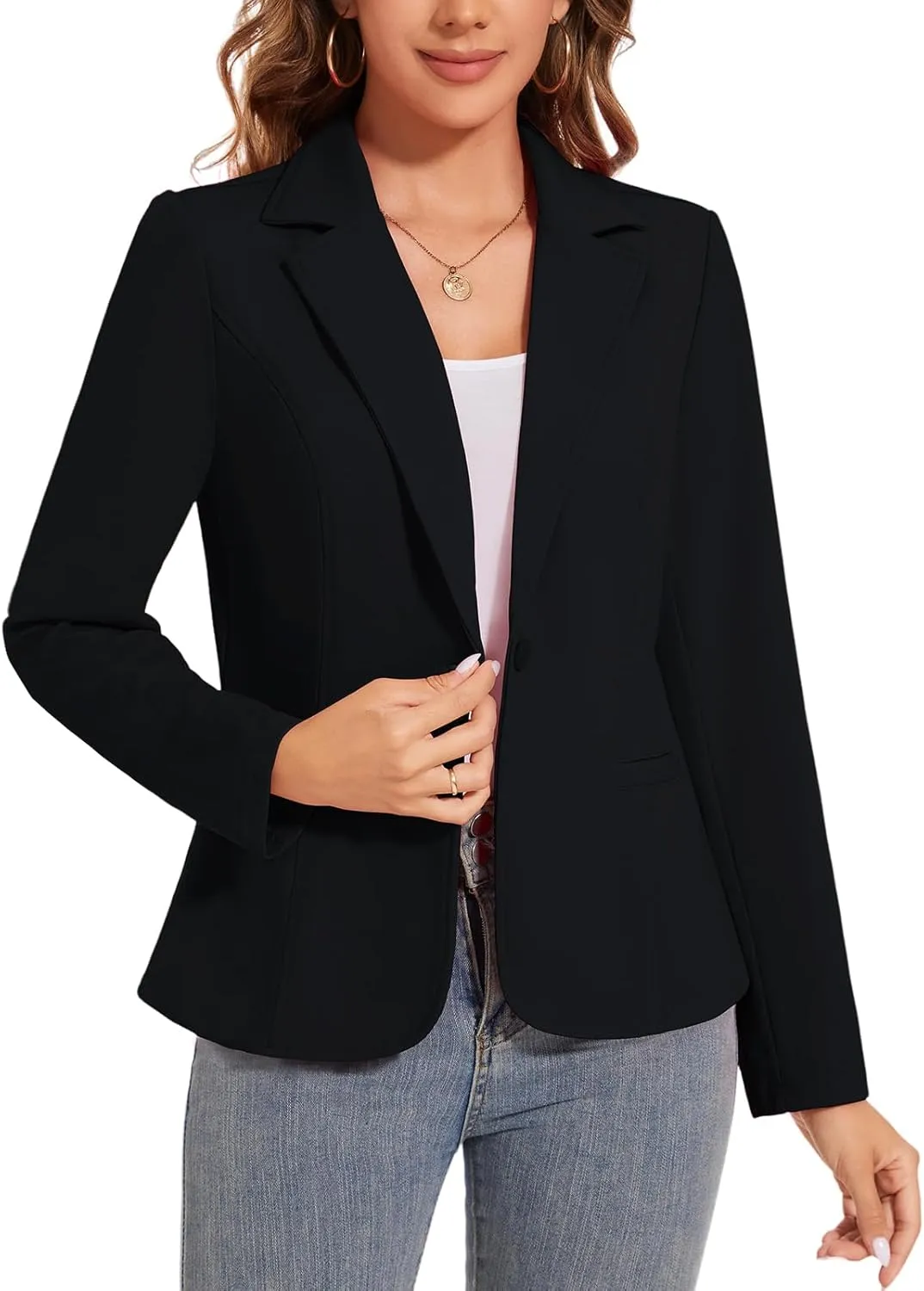 Women's Button Front Blazer Jackets Long Sleeve Lapel Business Casual Office Work Lightweight Blazers with Pocket