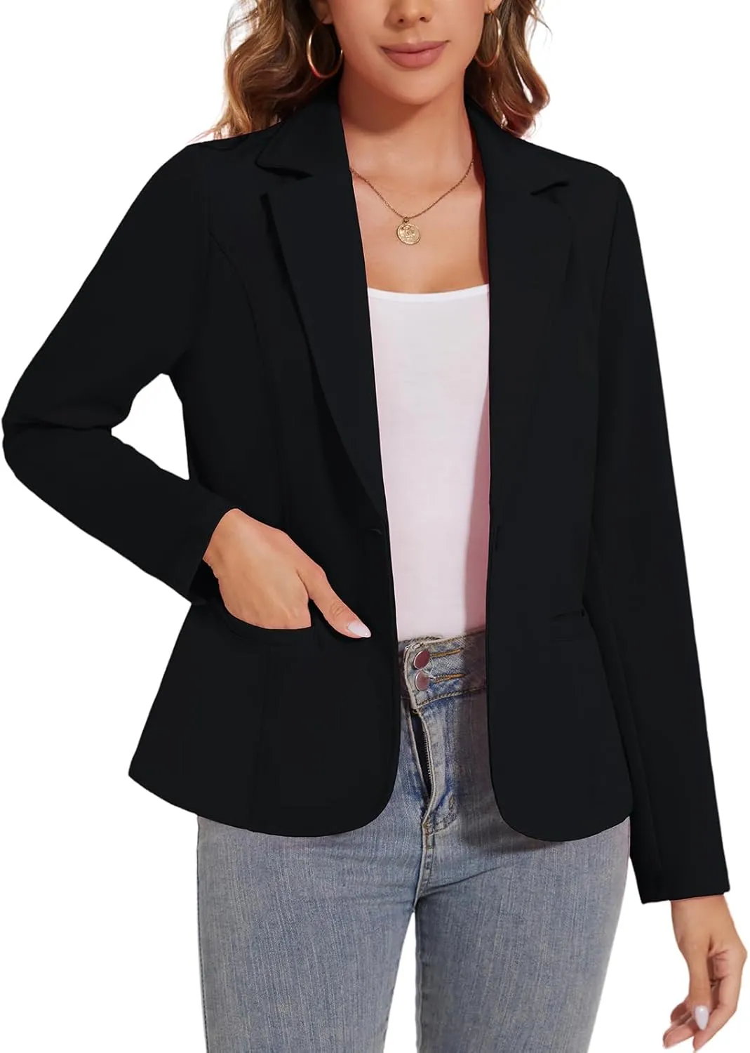 Women's Button Front Blazer Jackets Long Sleeve Lapel Business Casual Office Work Lightweight Blazers with Pocket