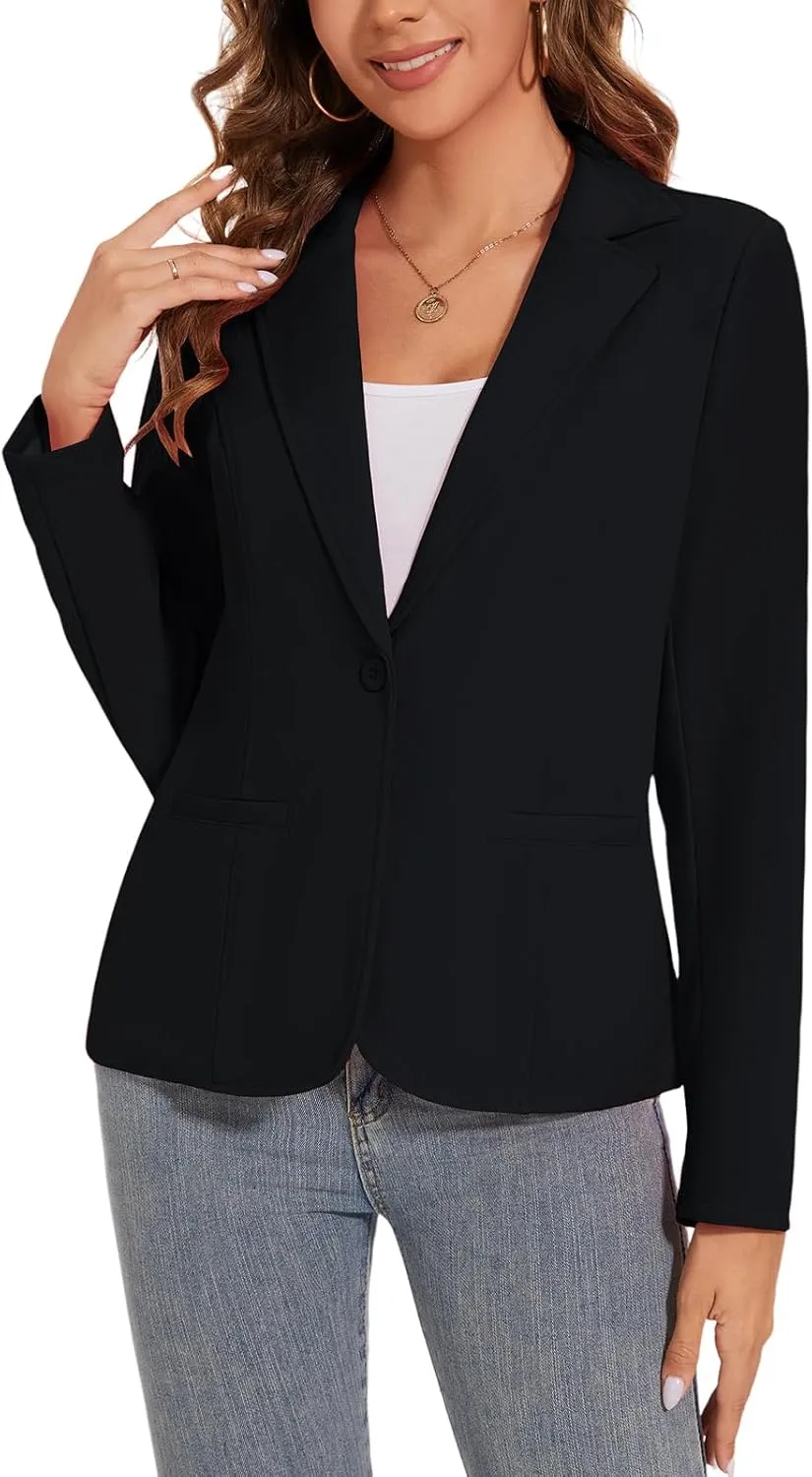 Women's Button Front Blazer Jackets Long Sleeve Lapel Business Casual Office Work Lightweight Blazers with Pocket