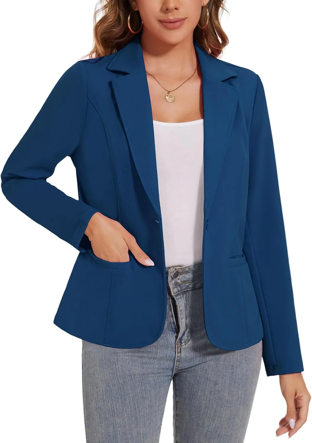 Women's Button Front Blazer Jackets Long Sleeve Lapel Business Casual Office Work Lightweight Blazers with Pocket