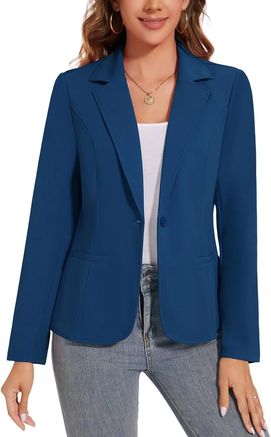 Women's Button Front Blazer Jackets Long Sleeve Lapel Business Casual Office Work Lightweight Blazers with Pocket