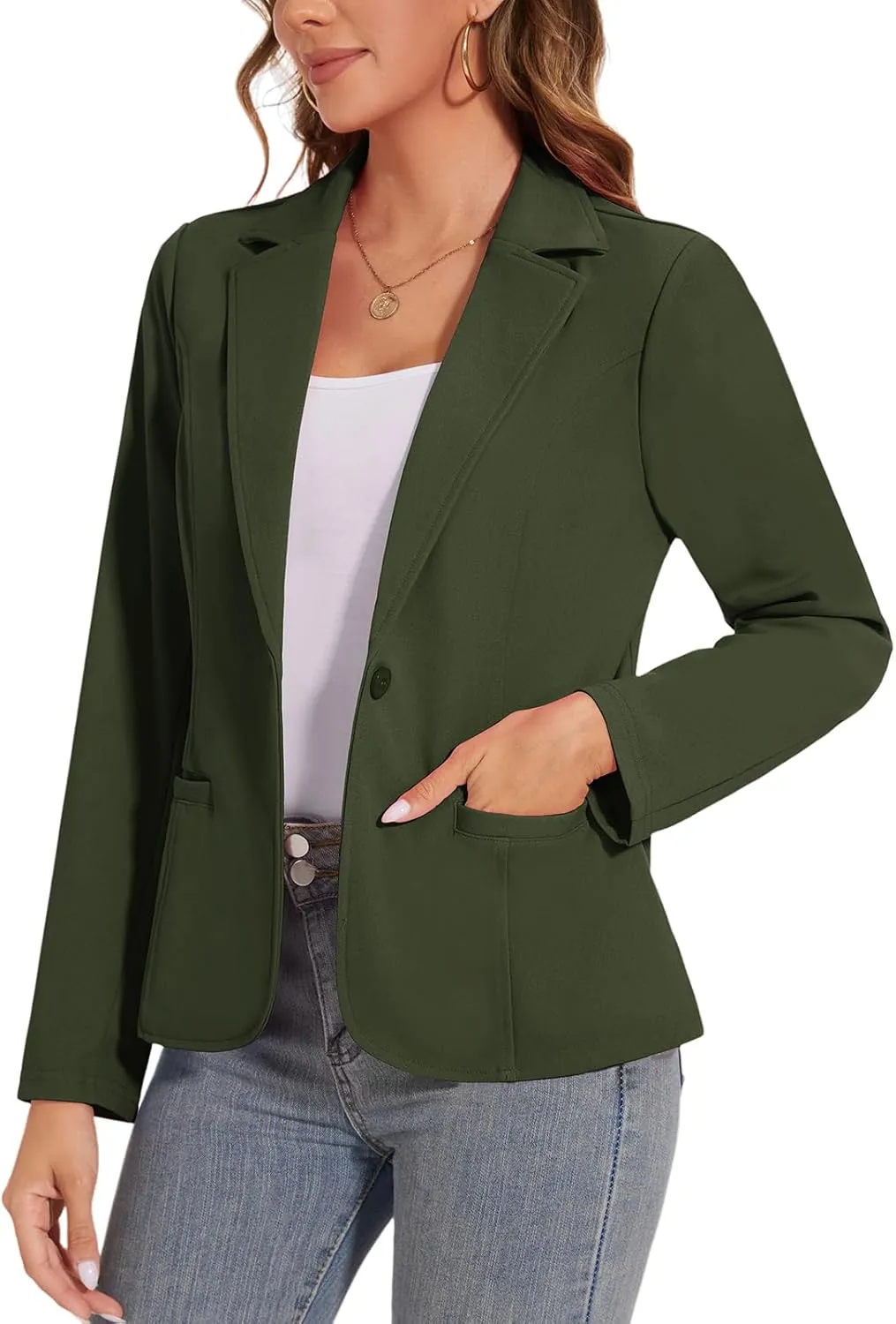 Women's Button Front Blazer Jackets Long Sleeve Lapel Business Casual Office Work Lightweight Blazers with Pocket