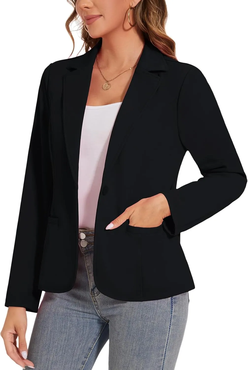 Women's Button Front Blazer Jackets Long Sleeve Lapel Business Casual Office Work Lightweight Blazers with Pocket