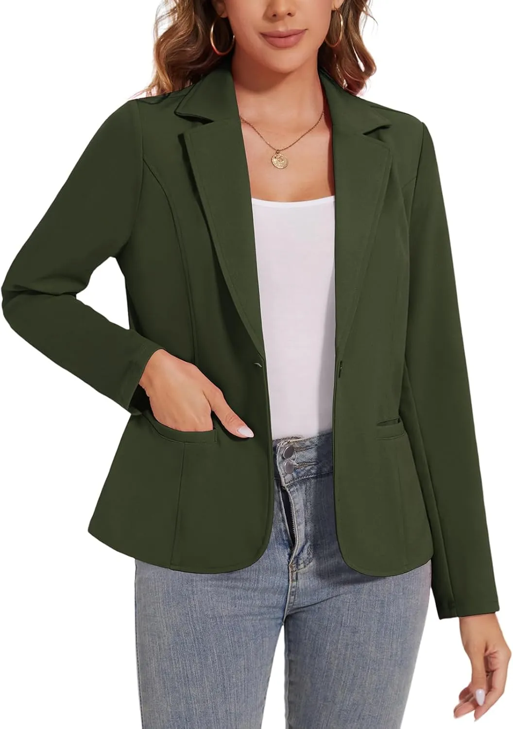 Women's Button Front Blazer Jackets Long Sleeve Lapel Business Casual Office Work Lightweight Blazers with Pocket