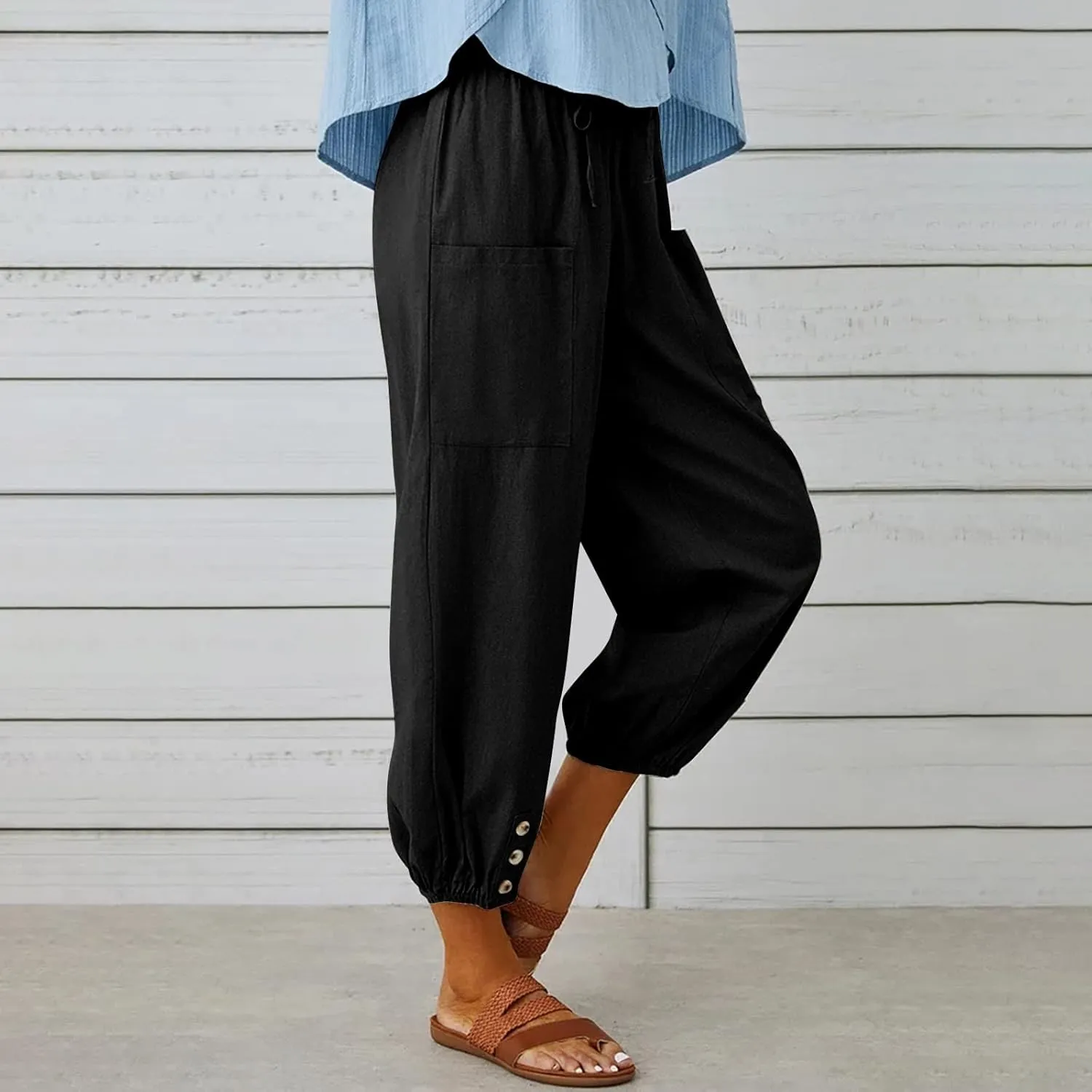 Women's Capri Pants Casual Lantern Tapered Harem Trouser Cropped Drawstring Waist Wide Leg Cotton Linen Slacks