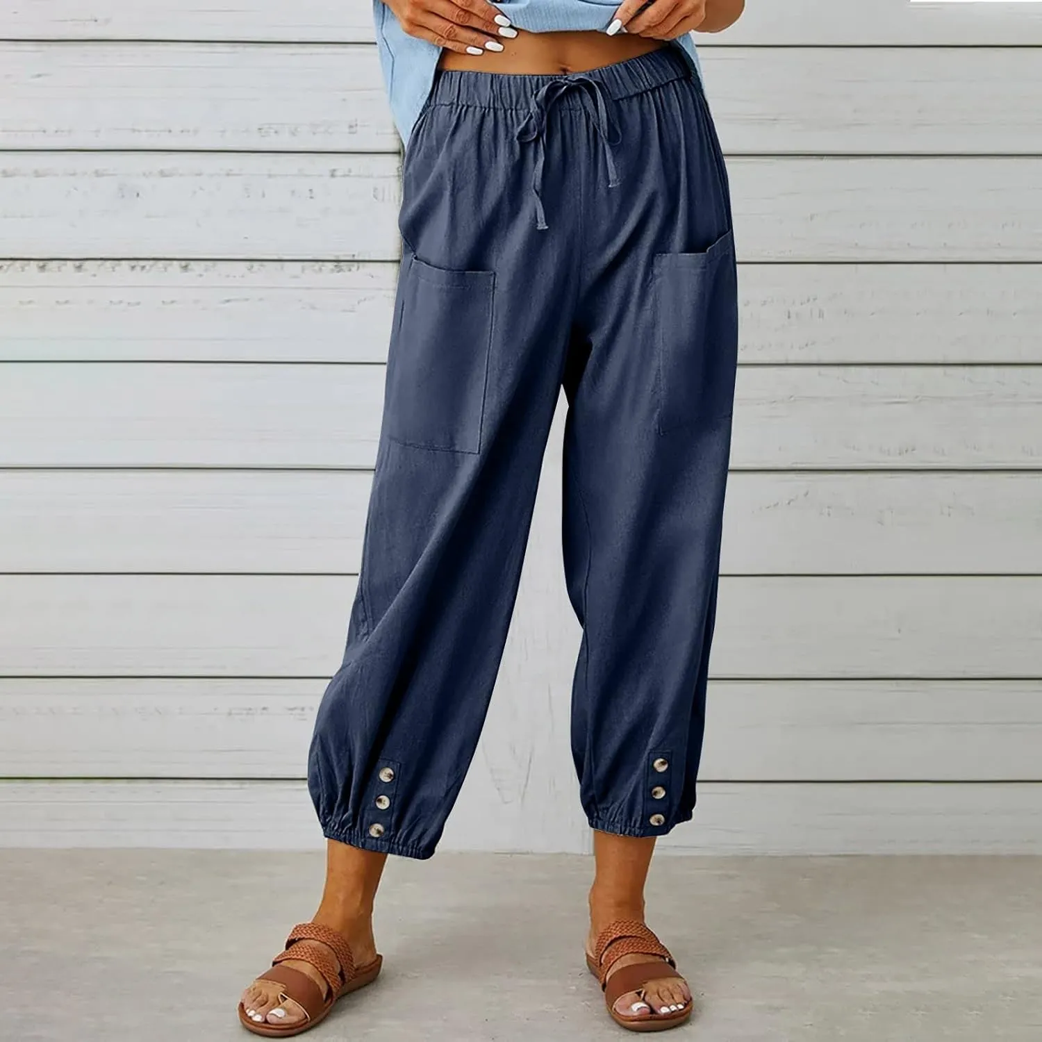Women's Capri Pants Casual Lantern Tapered Harem Trouser Cropped Drawstring Waist Wide Leg Cotton Linen Slacks