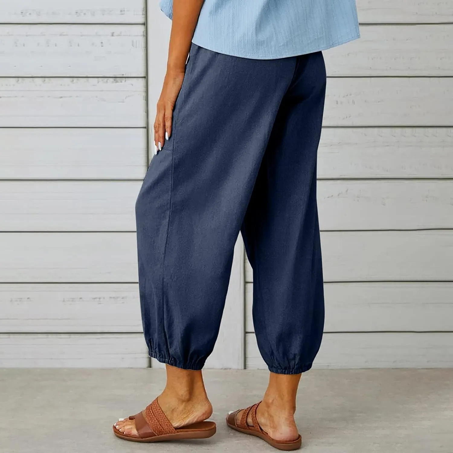 Women's Capri Pants Casual Lantern Tapered Harem Trouser Cropped Drawstring Waist Wide Leg Cotton Linen Slacks