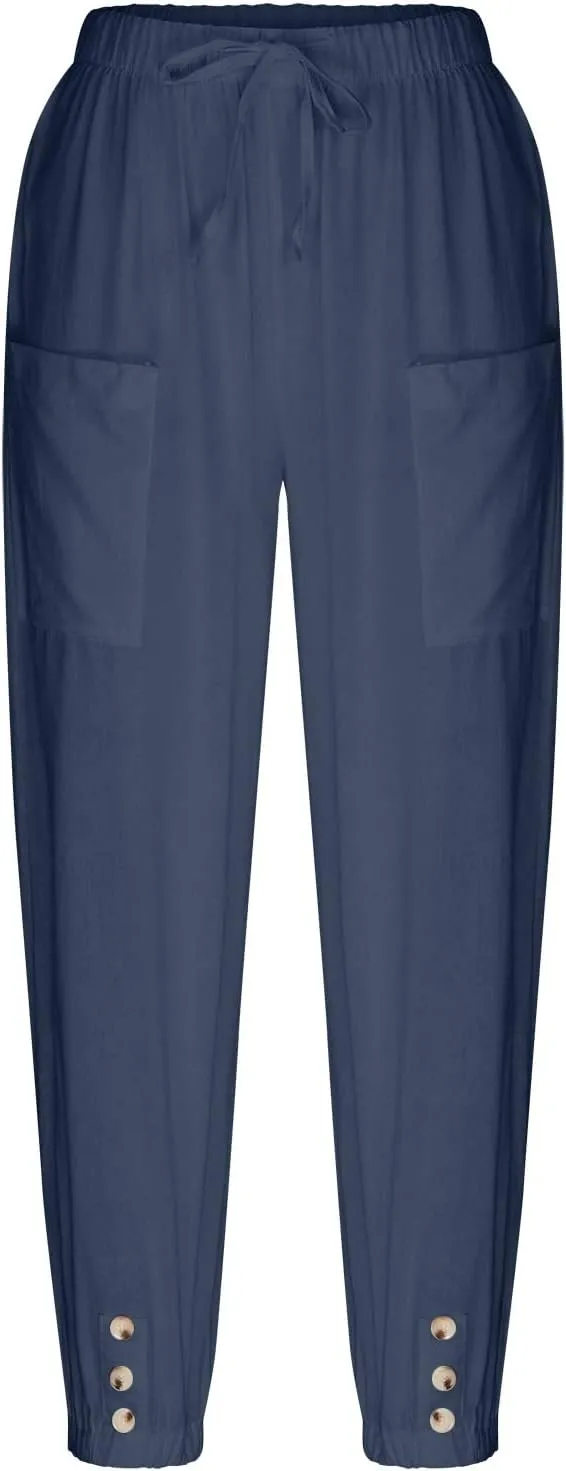 Women's Capri Pants Casual Lantern Tapered Harem Trouser Cropped Drawstring Waist Wide Leg Cotton Linen Slacks
