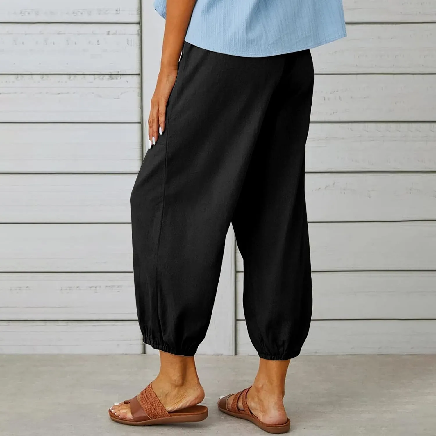 Women's Capri Pants Casual Lantern Tapered Harem Trouser Cropped Drawstring Waist Wide Leg Cotton Linen Slacks