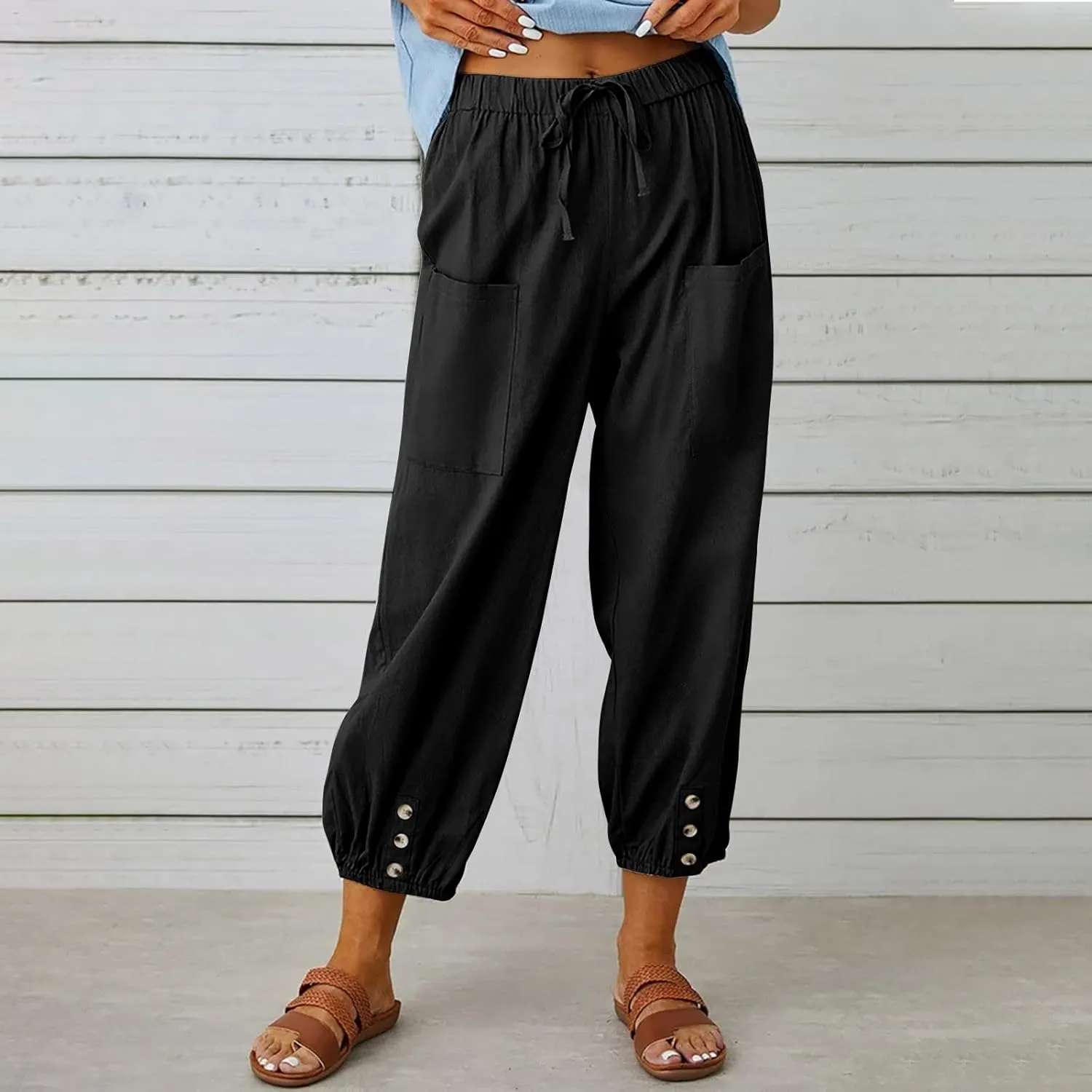 Women's Capri Pants Casual Lantern Tapered Harem Trouser Cropped Drawstring Waist Wide Leg Cotton Linen Slacks