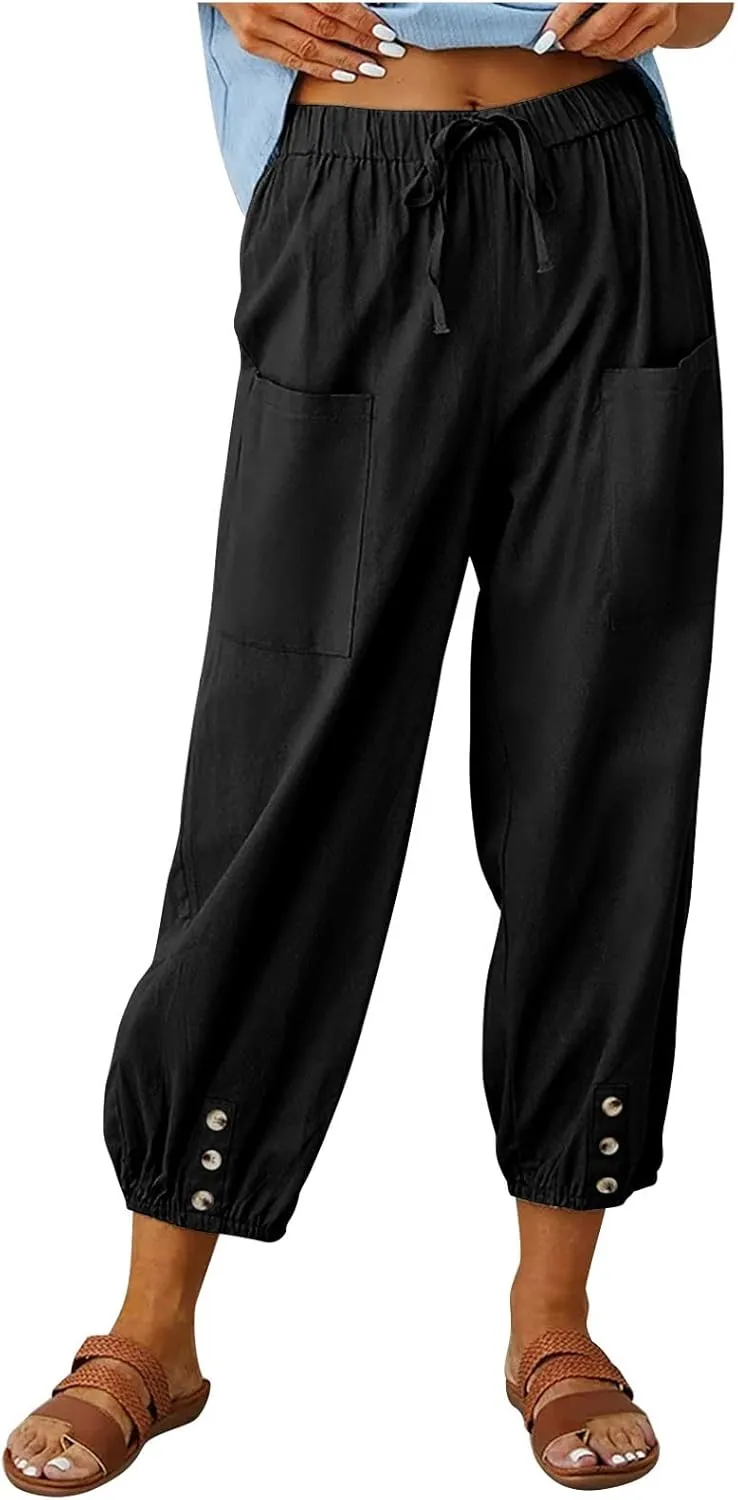 Women's Capri Pants Casual Lantern Tapered Harem Trouser Cropped Drawstring Waist Wide Leg Cotton Linen Slacks