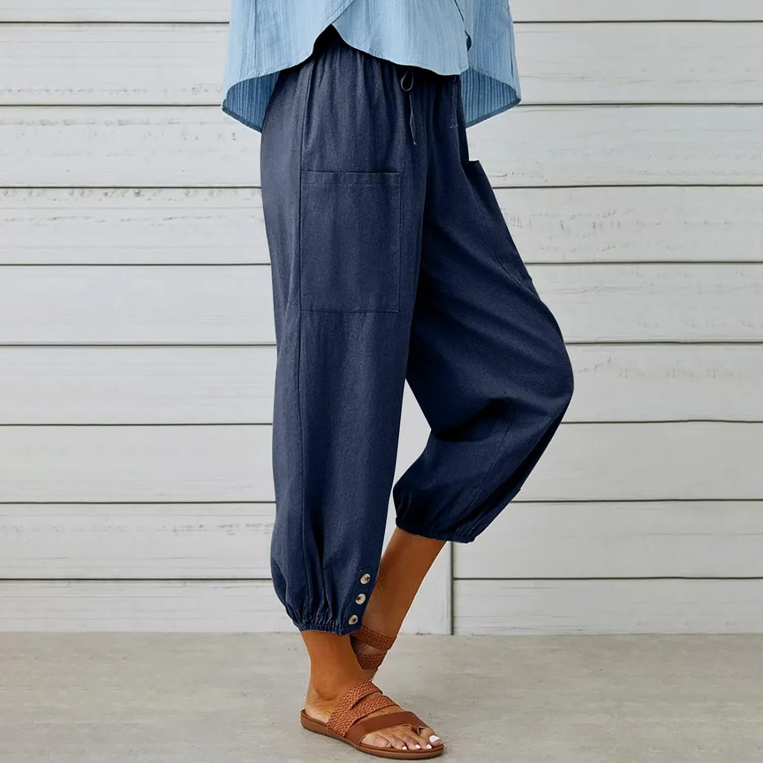 Women's Capri Pants Casual Lantern Tapered Harem Trouser Cropped Drawstring Waist Wide Leg Cotton Linen Slacks