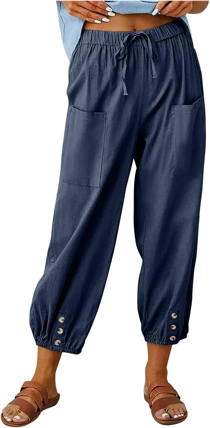 Women's Capri Pants Casual Lantern Tapered Harem Trouser Cropped Drawstring Waist Wide Leg Cotton Linen Slacks