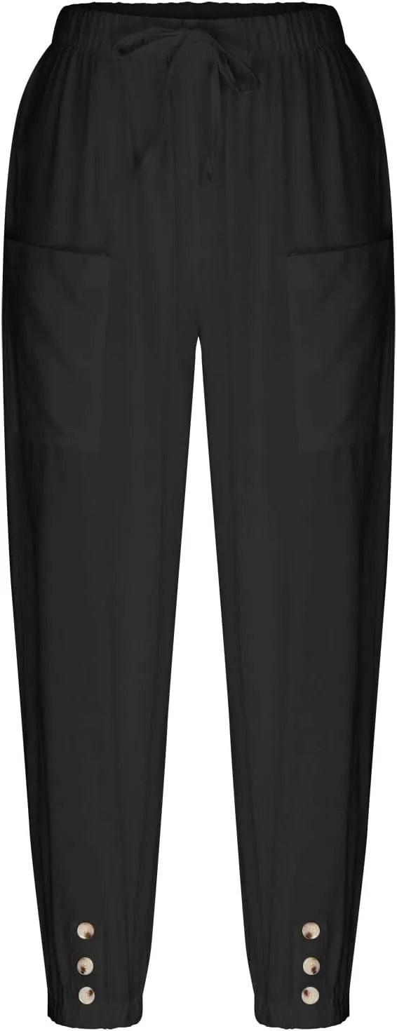 Women's Capri Pants Casual Lantern Tapered Harem Trouser Cropped Drawstring Waist Wide Leg Cotton Linen Slacks