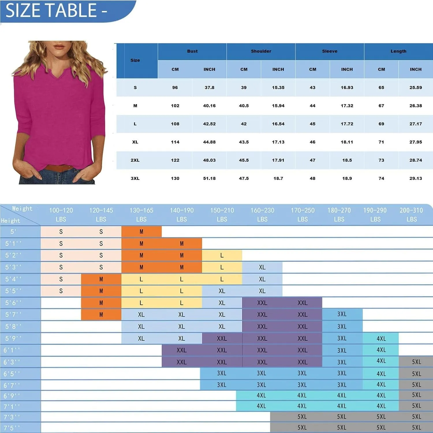 Women's Casual 3/4 Sleeve Loose Tunic Tops Lightweight Summer Blouses